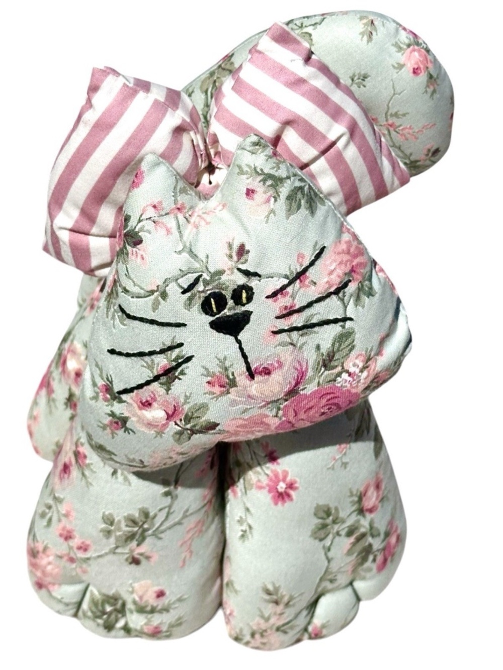 Floral Cat Fabric Plush Pink Stripe Bow Cottagecore Decor Soft Sculpture